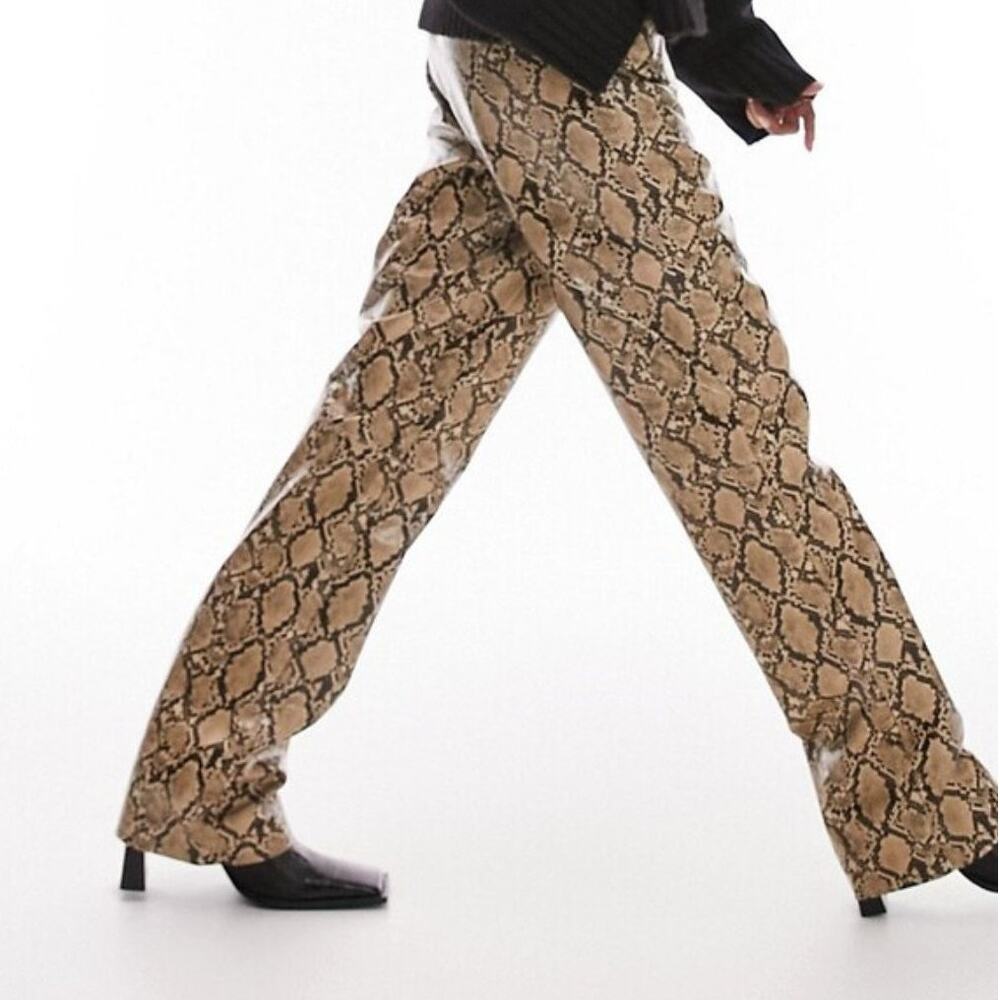 Topshop Faux Leather Snake Print Straight Leg Trouser In Multi